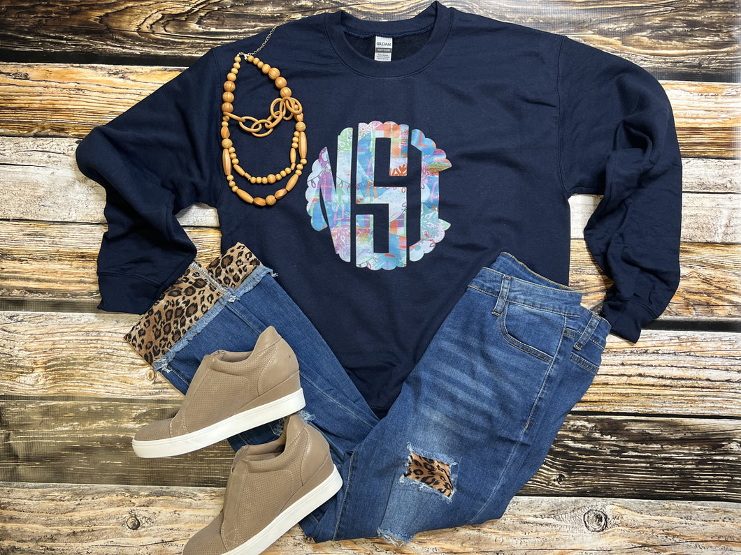 Personalized Christmas Monogram Crew Navy Sweatshirt