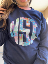 Load image into Gallery viewer, Personalized Christmas Monogram Crew Navy Sweatshirt
